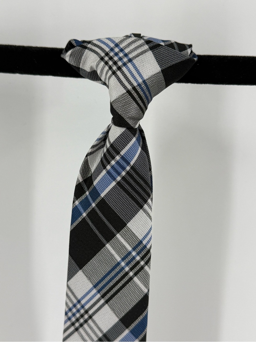 Boys Plaid Necktie in Black, White & Blue